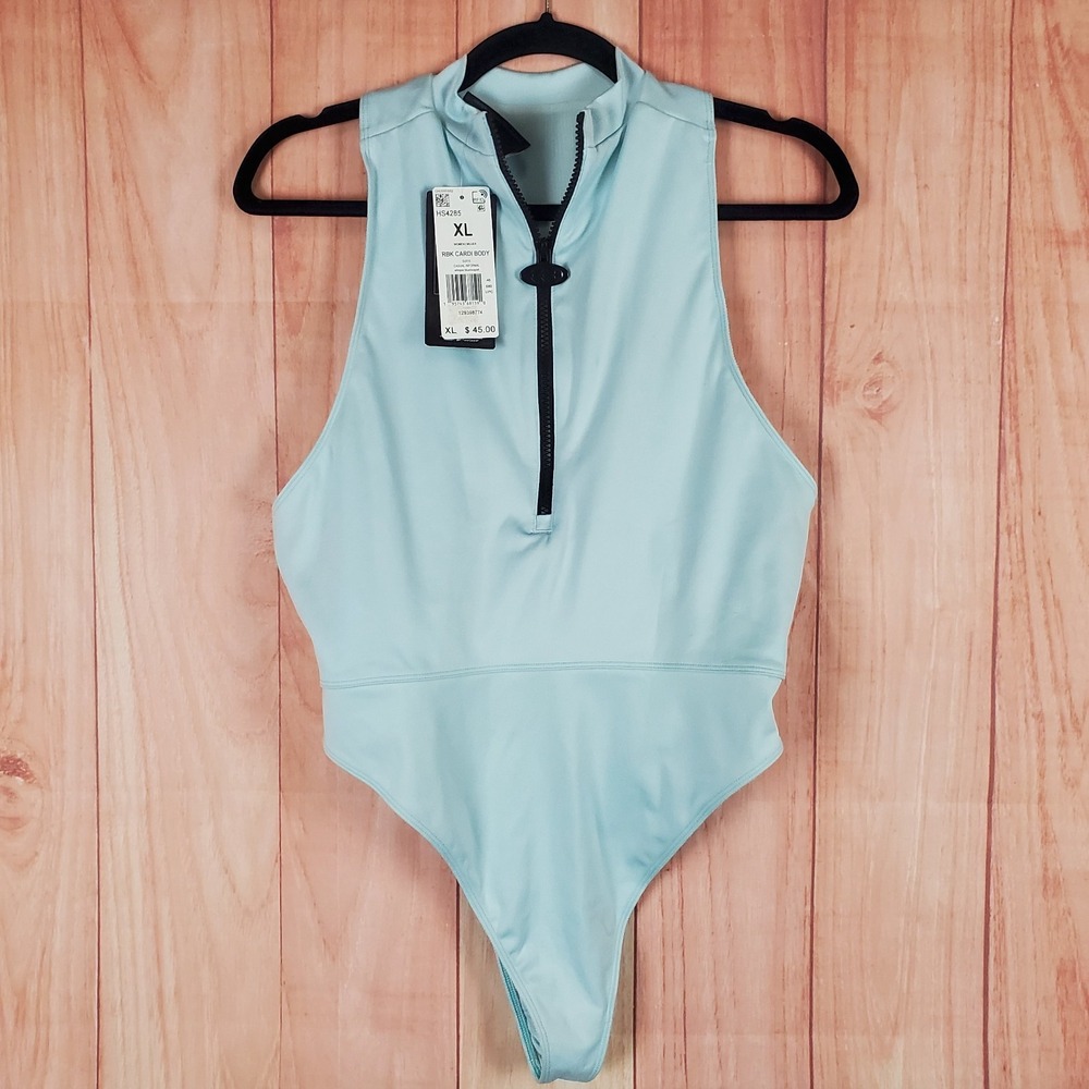 Reebok X Cardi B One Piece Bodysuit Women XL Blue Stretch Logo Half Zip Swimwear